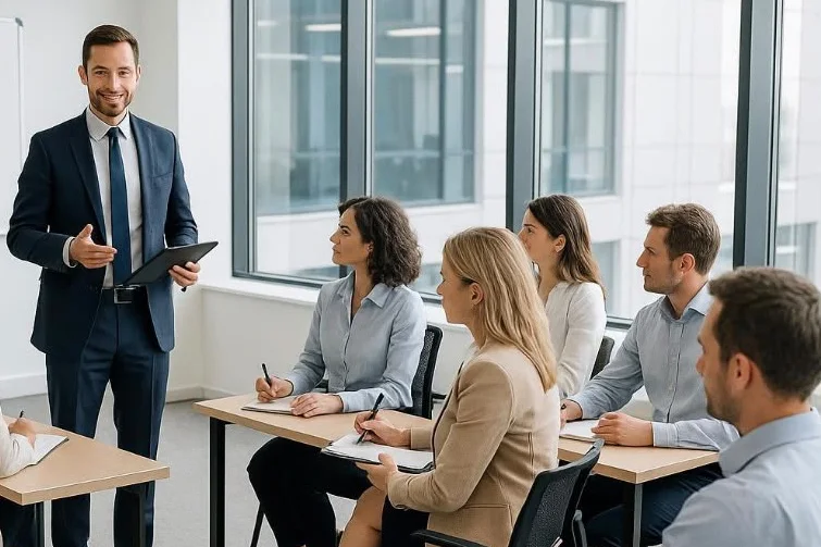 Instructor dirigiendo una sesión de capacitación ante un grupo de profesionales