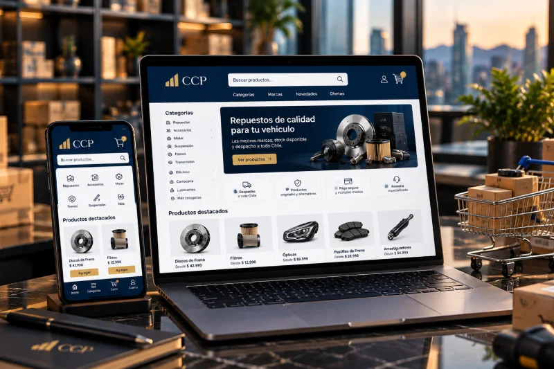 Tienda en línea abierta en un computador portátil y un teléfono, junto a cajas de despacho