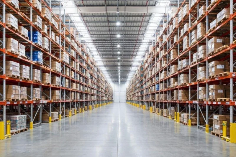 Pasillo de un centro de distribución con estanterías altas de mercadería